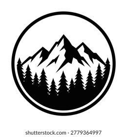 Circular emblem featuring a stylized mountain range silhouette above a dense pine forest. Clean, modern design.