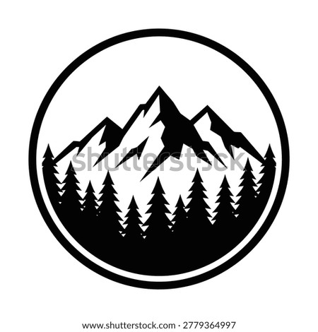 Circular emblem featuring a stylized mountain range silhouette above a dense pine forest. Clean, modern design.