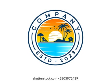 A circular emblem featuring a tropical island scene with palm trees a sunset over the ocean and a beach chair under an umbrella