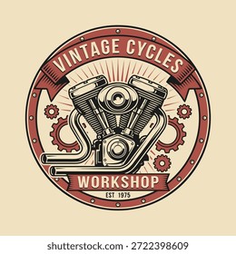A circular emblem featuring a V-twin motorcycle engine, gears, and banners with text.