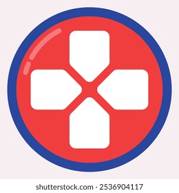 A circular emblem featuring a white cross on a red background with a blue outline.