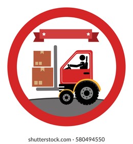 circular emblem with forklift truck with forksand ribbon on top