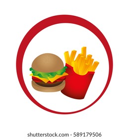 circular emblem with hamburguer and potatoes fries