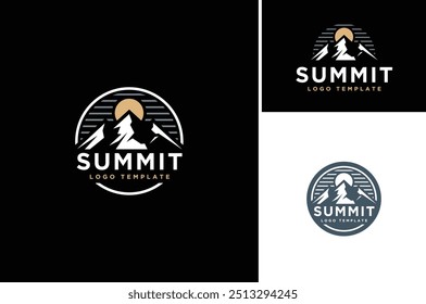 Circular Emblem Label Logo design of Top Summit Peak with Sun or Moon for Mountain Adventure Outdoor Business