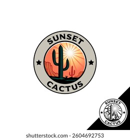 A circular emblem logo featuring a cactus in the foreground, a vibrant sunset, and a mountain range as the background