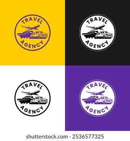 A circular emblem logo featuring an illustration of an airplane, a cruise ship, and a pickup truck, symbolizing diverse travel options. The logo prominently displays the text "Travel Agency"