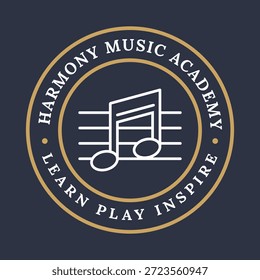 Un emblema circular sobre un fondo profundo con un anillo de tipo y una partitura central con notas ilustradas como una insignia de la escuela.