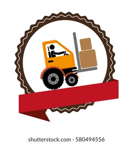 circular emblem with ribbon and forklift truck with forks