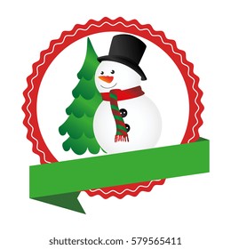 circular emblem with ribbon and snowman and christmas tree