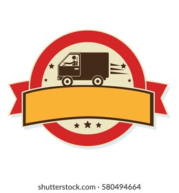 circular emblem with ribbon and van