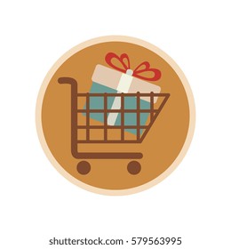 circular emblem with shopping cart with gift