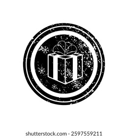 Circular emblem showcasing a detailed gift box illustration tied with a ribbon, surrounded by a distressed vintage effect and snowflakes.
