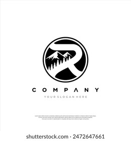 A circular emblem showcasing a stylized mountain range and river, symbolizing strength and the spirit of adventure.