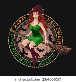 Circular emblem with young beautiful redhead witch flying on broom, silhouette of bats, full red moon behind, text Happy Halloween. Colorful illustration in vintage style