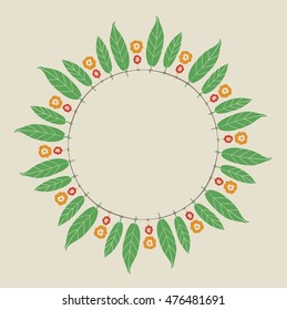 Circular empty badge made of 'Toran'- a garland made with mango leaves and marigold flowers. Indian festival decorative element.