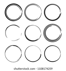 Circular empty borders. Set of black round grunge frames. Vector illustration. 