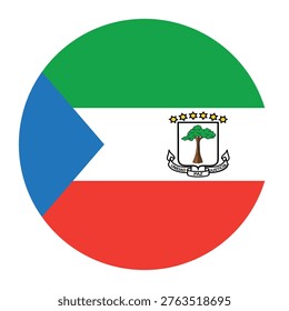 Circular Equatorial Guinea national flag symbol. Country emblem for travel, language and culture.