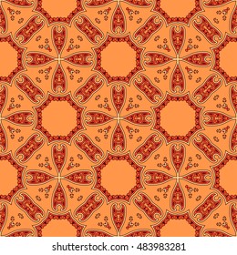 Circular ethnic abstract pattern with red, orange, beige elements, brown contour decorative texture symmetric seamless pattern, vector illustration