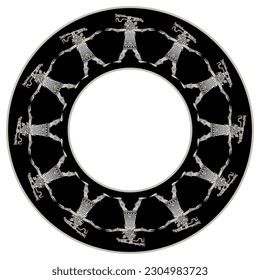 Circular ethnic frame with figurines of ancient Mayan goddess with serpent on her head. Codex design. Indigenous Native American art. 
