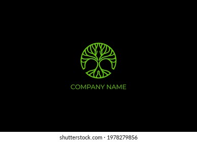 Circular Family Tree of Life , Oak Banyan Tree Line Logo Design Vector