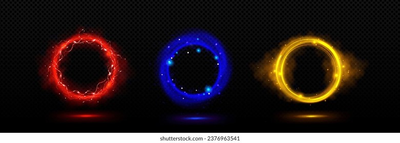 Circular fantastic portal with light neon effect. Realistic vector illustration set of colorful glowing neon rings - magic gateway for traveling in space or time. Luminous teleport power technology. svg