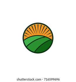 Circular farm logo. Sun rays over field and crops. Natural, organic, eco, farm, fresh, icon svg