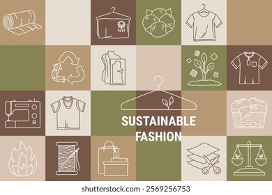 Circular fashion economy concept. Banner with icons representing sustainable practices like responsible consumption, reuse, repair, thrift. Sustainable eco-friendly fashion. Hand drawn vector icons