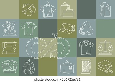 Circular fashion economy concept. Banner with icons representing sustainable practices like responsible consumption, reuse, repair, thrift. Sustainable eco-friendly fashion. Hand drawn vector icons