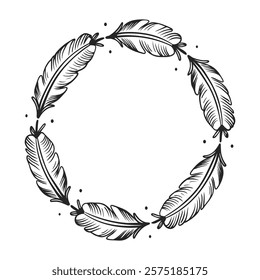 Circular Feather Wreath with Detailed Line Art.