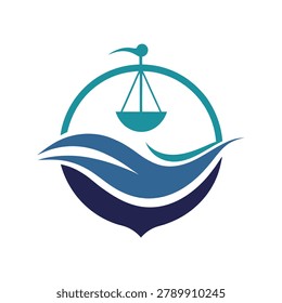 Circular featuring a stylized boat mast and waves in shades of teal and dark blue