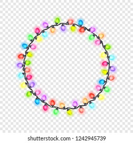 Circular festive colored glowing garland, a circle of light bulbs without background , Christmas decorations, Vector illustration