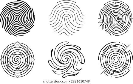 Circular Fingerprint Icon Set with Futuristic Biometric Whorls Geometric Mandalas and Cyber Circuit Textures for High Tech Digital Security Layout Designs.eps