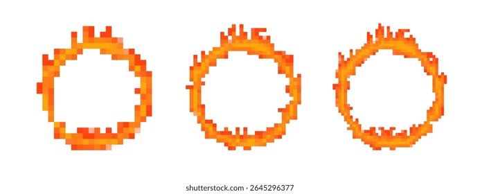 Anéis de fogo circulares em pixel art mostram chamas dinâmicas para o design de jogo retro.