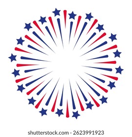 Circular firework design exploding with red and blue rays and stars, evoking patriotic celebrations of USA holidays like Independence Day and Memorial Day