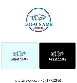 Emblema circular del pez con el estilo dibujado a mano para las tiendas del cebo, los clubes de pesca, y las marcas al aire libre del desgaste. Borde limpio en formato de Vector.