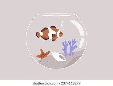 A circular fish tank filled with coral and seashells, and a clownfish gracefully swimming within