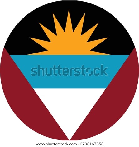 Circular flag of Antigua and Barbuda featuring black, blue, white, red, and a yellow sun.