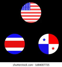 Bolas de bandera circular de los Estados Unidos (EE.UU.), Costa Rica y Panamá en un fondo negro. Ilustración vectorial. 
