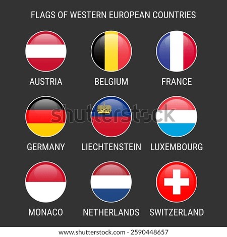 Circular flag icons of Western European countries. Set of vector icons