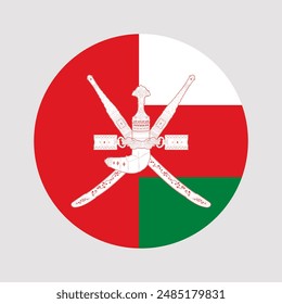 Circular Flag of Oman with Prominent White National Emblem - Khanjar and Two Crossed Swords, Featuring Red, White, and Green Sections