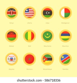 Circular flags of Kenya, Liberia, Libya, Madagascar, Malawi, Mali, Mauritania, Mauritius, Mayotte, Morocco, Mozambique and Namibia. Flat design style.