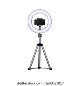 Circular flash for mobile phone. Smartphone on tripod. Vector illustration.