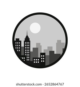 A circular flat design icon of a city skyline with buildings and a sun, in shades of grey. Perfect for apps, logos, or minimalist urban themes.