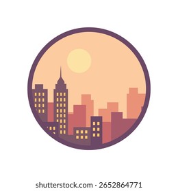 Um ícone de desenho plano circular de um horizonte da cidade com edifícios e um sol, representando uma cena do pôr do sol ou do amanhecer. Perfeito para aplicativos, logotipos ou temas urbanos.