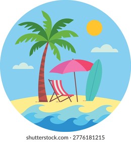 A circular flat design illustration of a tropical beach scene. A single palm tree stands on a yellow sandy beach. A red and white striped lounge chair is under a pink umbrella. A light blue surfboard is leaning against the palm tree. Blue ocean waves are in the foreground. A yellow sun and two light blue clouds are in the sky.