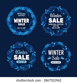 Diseño plano circular Colecciones de etiquetas de venta de invierno con composición floral