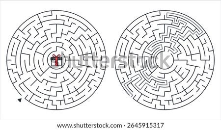 Circular flat maze with gift icon in the center, red black white vector puzzle, medium level brain game with solution path