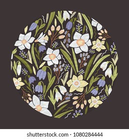 Circular floral backdrop or round decorative design element consisted of gorgeous garden blooming flowers and flowering plants on black background. Elegant natural vector illustration in flat style