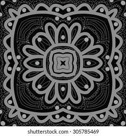 Circular floral  delicate pattern, flower, stars, ellipses, waves, doodle. Hand drawn, oriental.