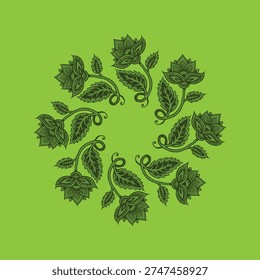 A circular floral design on a green background features symmetrical black leaf and flower motifs arranged in a ring. Each motif includes detailed patterns and decorative elements that resemble tropical foliage, creating a harmonious and intricate pattern. The composition evokes a sense of natural elegance and balance.